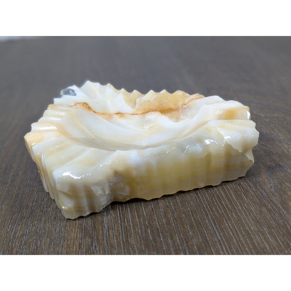 VTG Carved Natural Stone Ashtray Marble Onyx Calcite 1970s Cigarette Ridge Edges - Picture 3 of 9